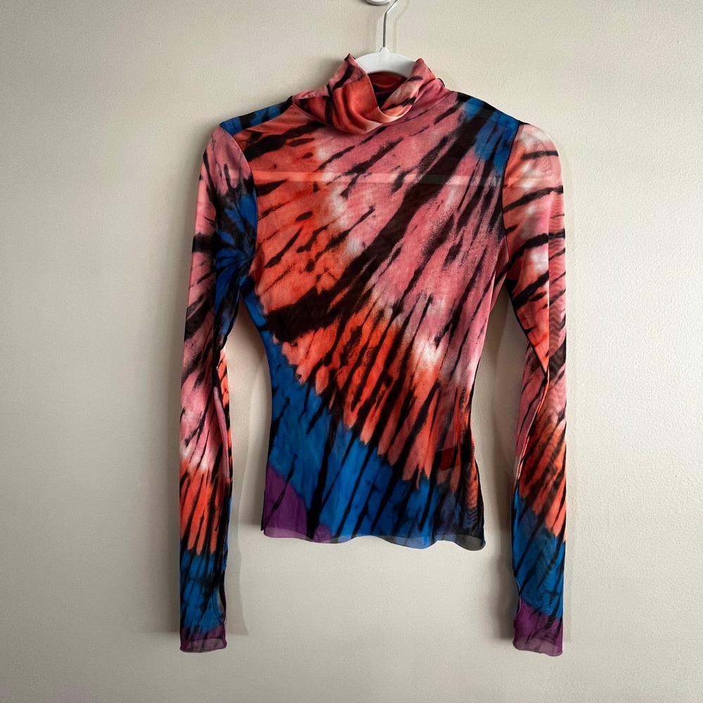 AFRM Zadie mesh turtleneck top XS tie dye sheer pink blue indiesleaze y2k